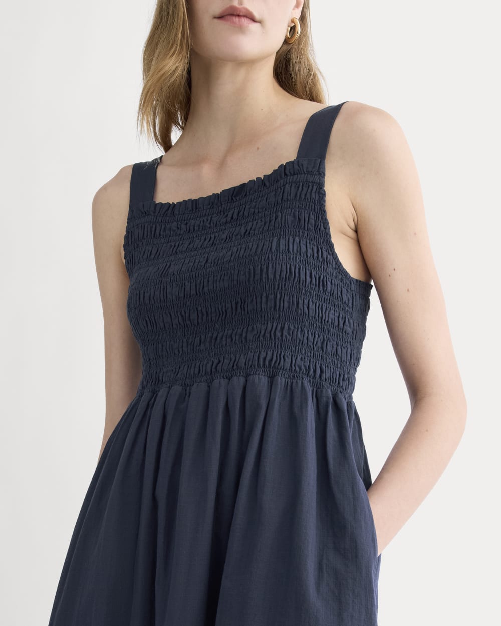The Gauze Smock Dress in Navy — detail view