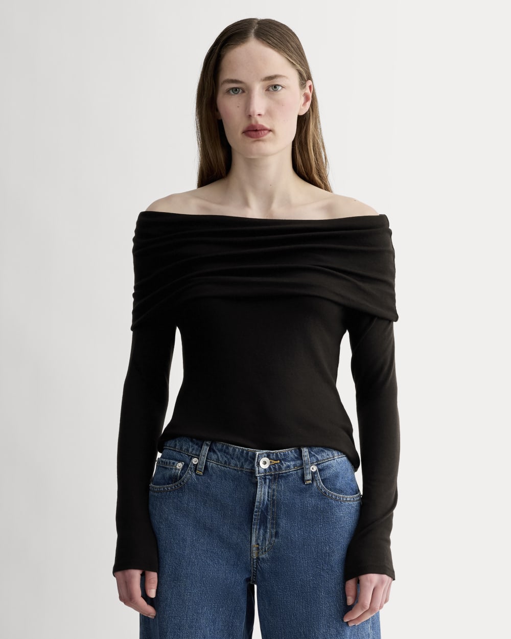 The Off-the-Shoulder Top in Butterluxe in Black — front view