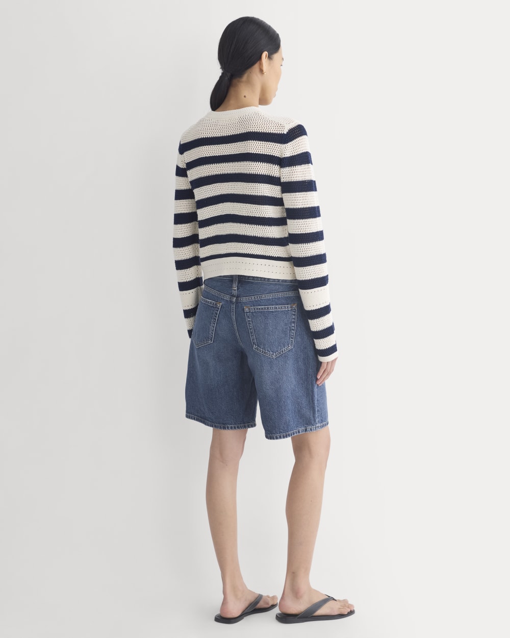 Open Knit Long-Sleeve Crew in Everyday Cotton in Canvas / Navy — detail view