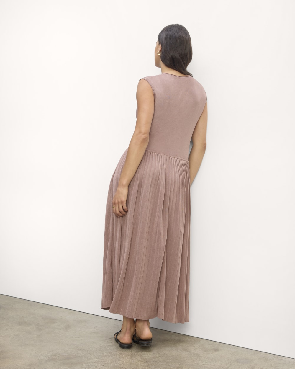 The Knit Pleated Dress in Dusty Rose — detail view