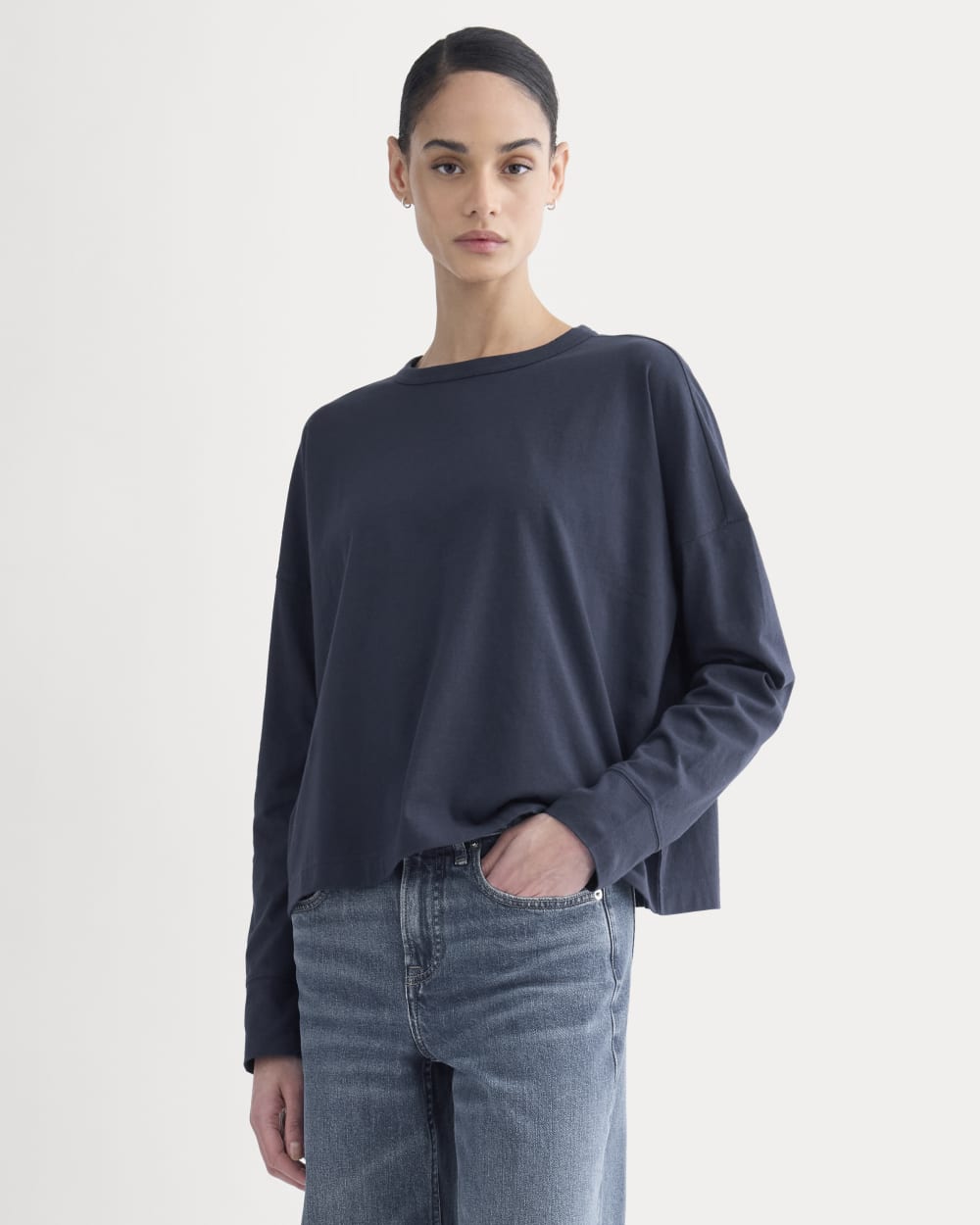 Oversized Boxy Crew in Essential Cotton in Deep Navy — front view