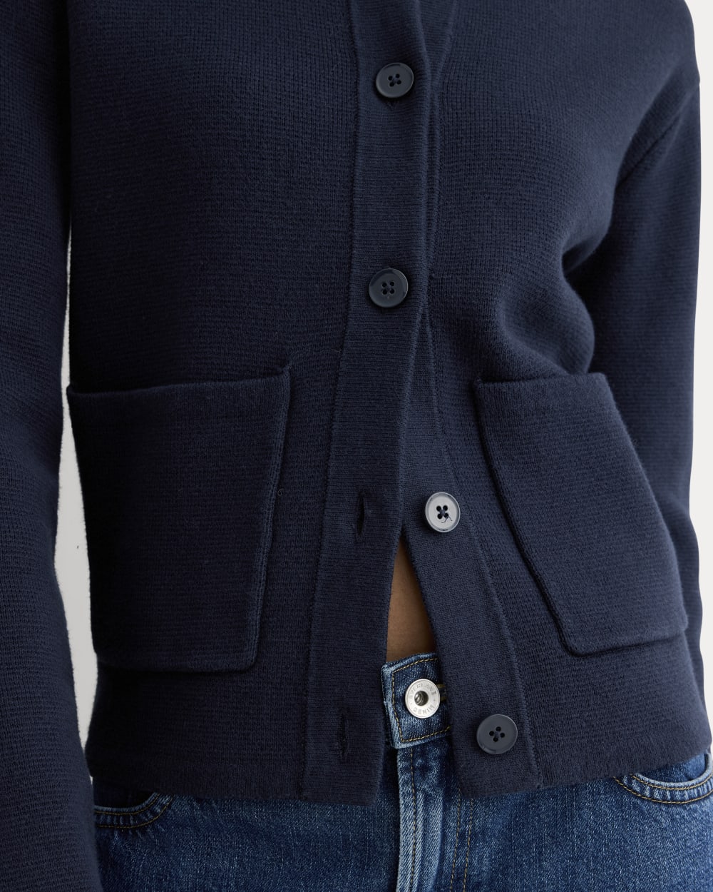 The Crew Cardigan in Everyday Cotton in Navy — detail view