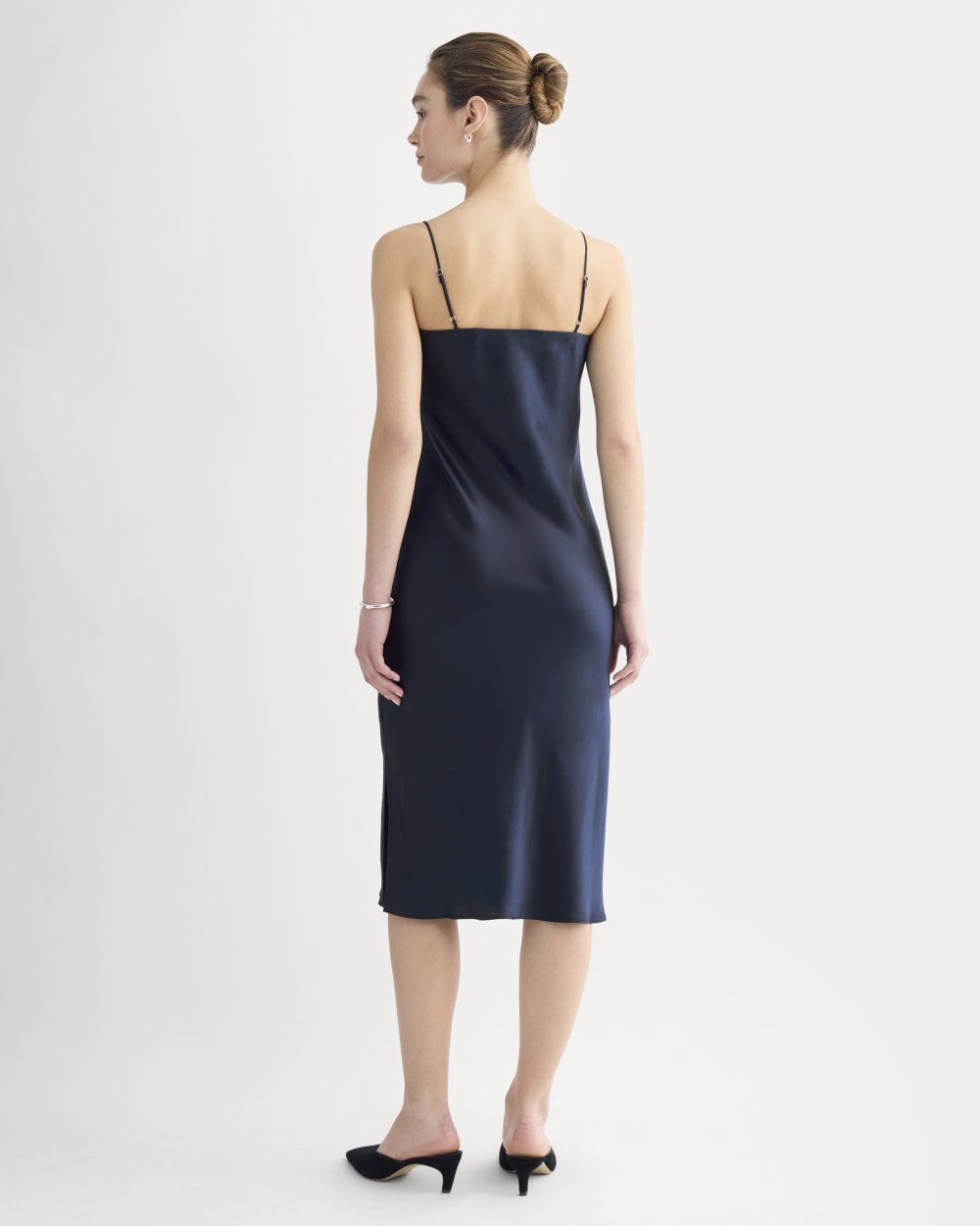 Slip Dress in Silk Charmeuse in Navy — detail view
