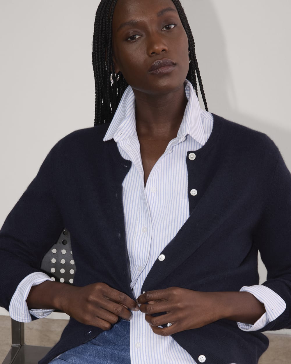 The Classic Cardigan in Cashmere in Navy — detail view