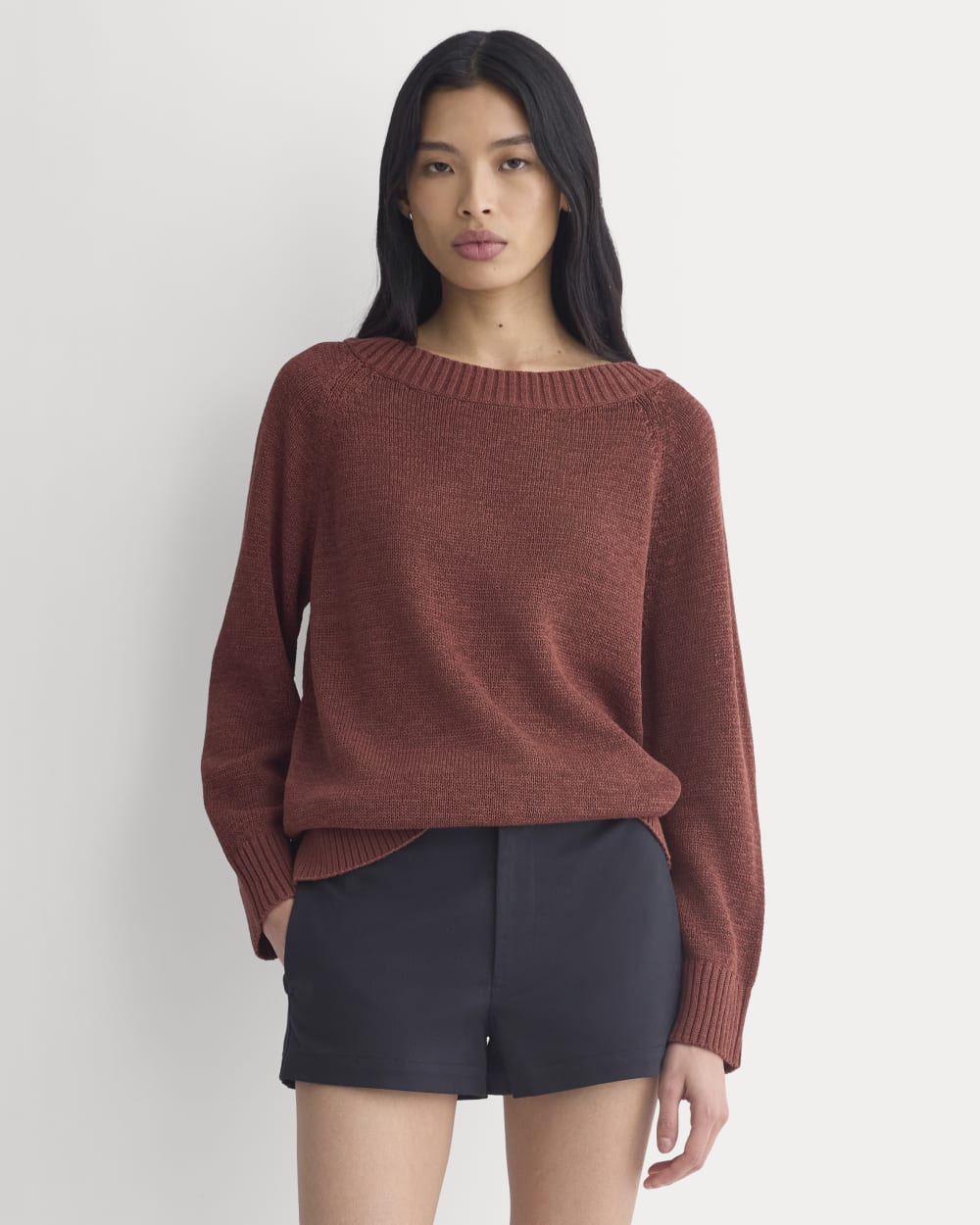 Wide-Neck Crew Sweater in Tape Yarn in Henna Red — front view