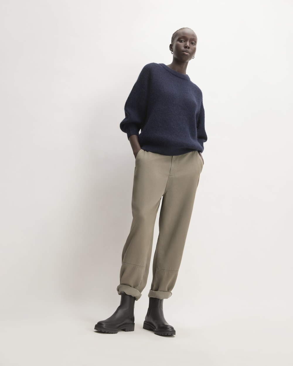 The Cocoon Crew in Alpaca in Warm Navy — detail view
