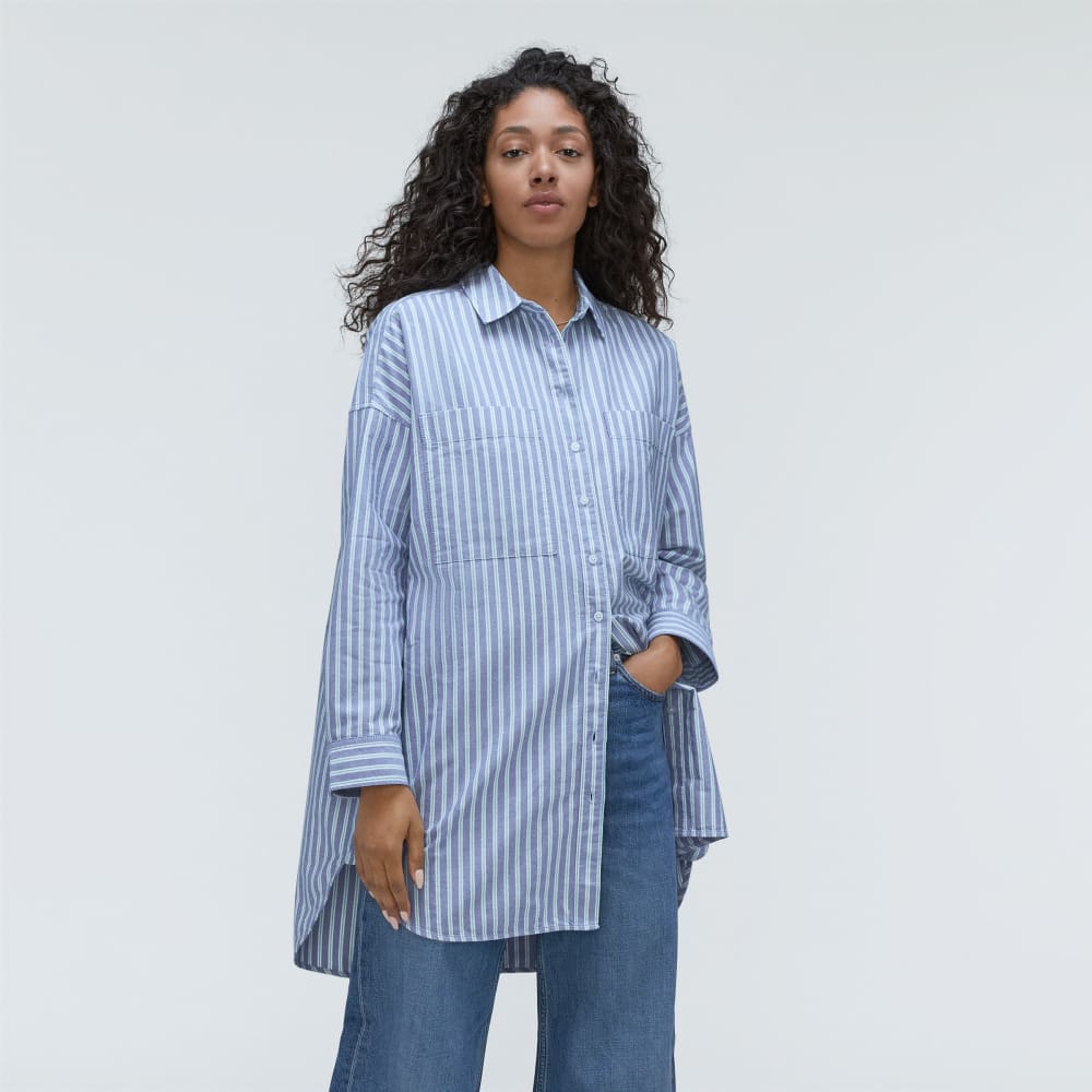 The Way Long Oxford Shirt in Lapis Blue / Bright Jade / Optic White — front view