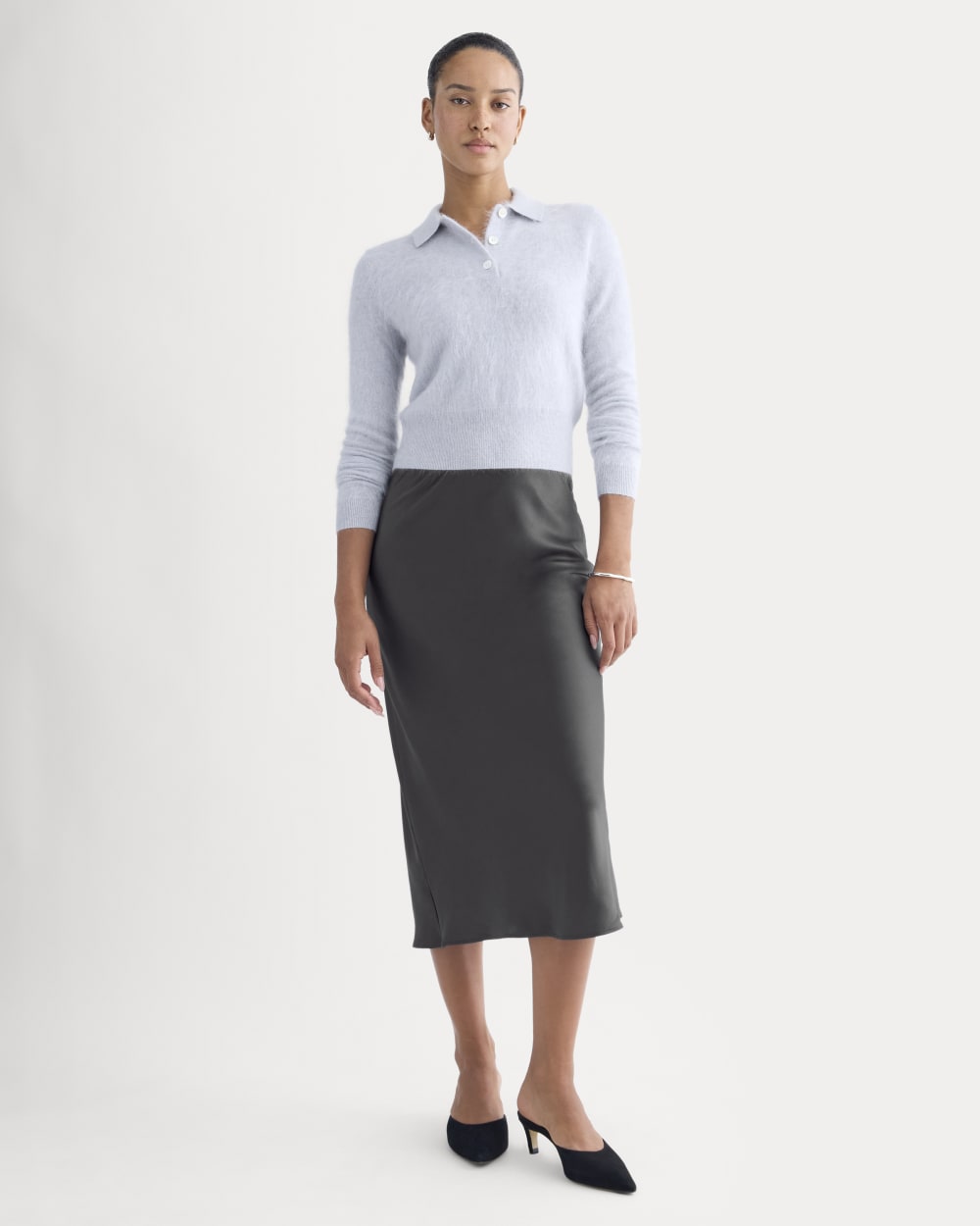 Slip Skirt in Silk Charmeuse in Graphite — front view