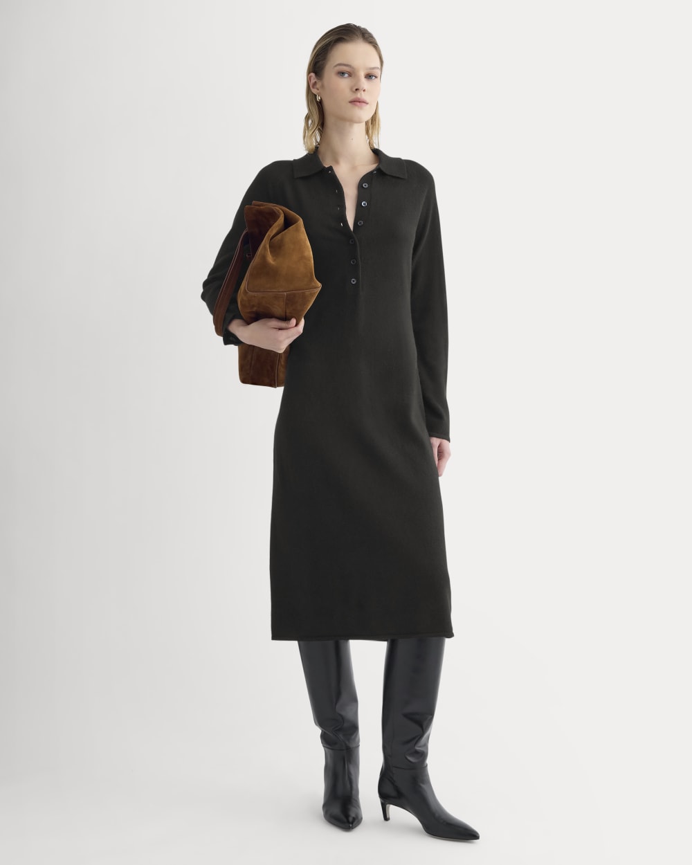 Cashmere Polo Midi Dress in Black — front view
