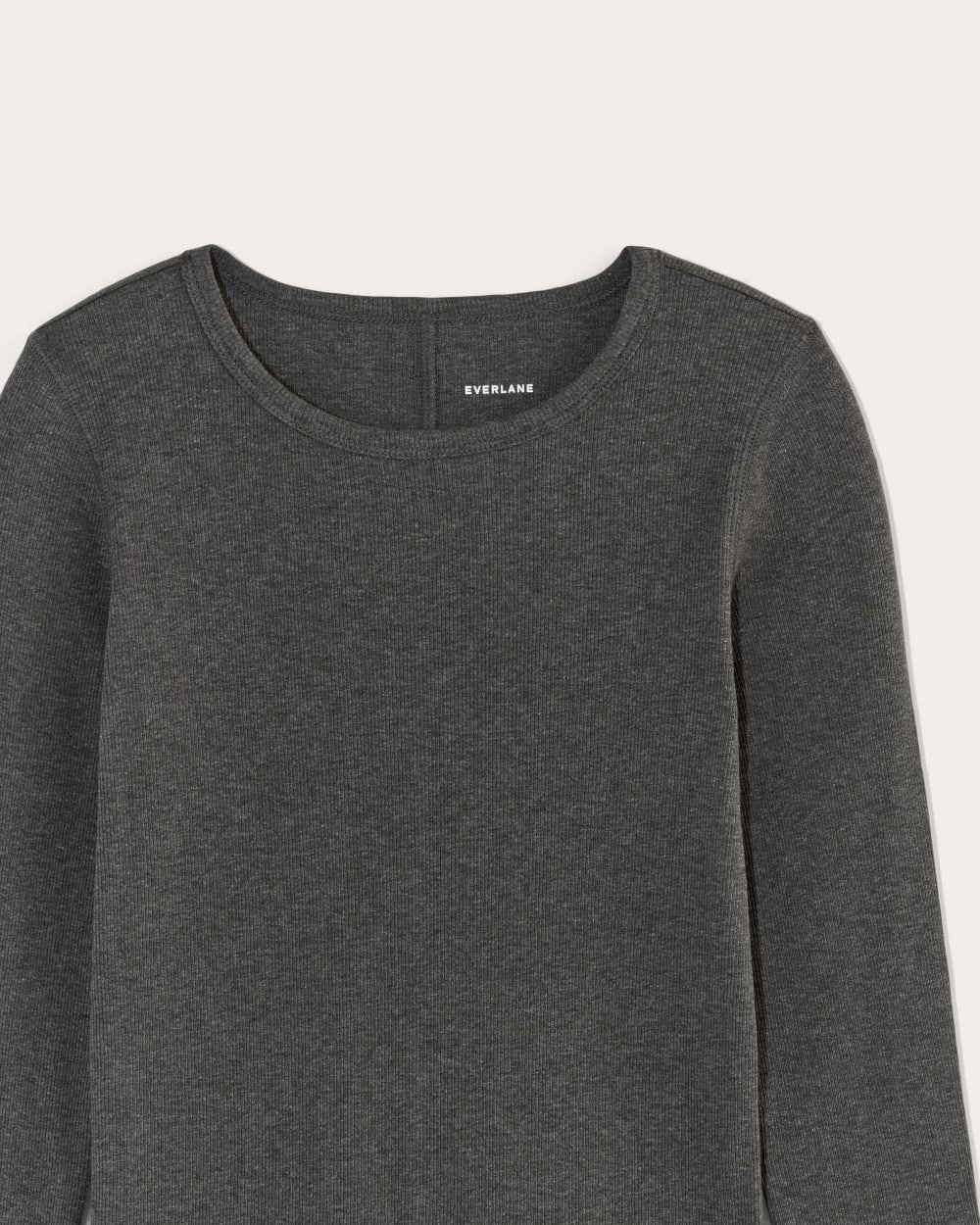 The Luxe Rib Long-Sleeve Crew in Heathered Soot — detail view