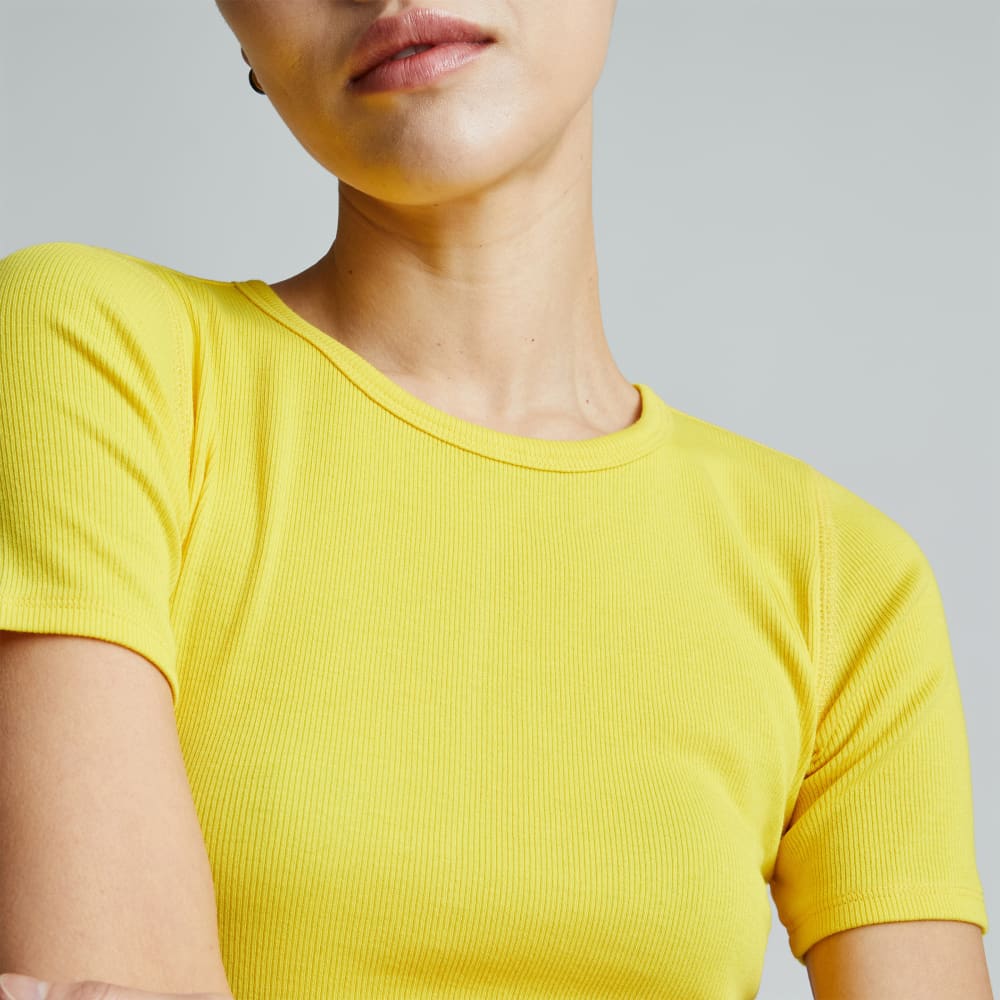 The Pima Micro-Rib Crew Tee in High Visibility Yellow — detail view