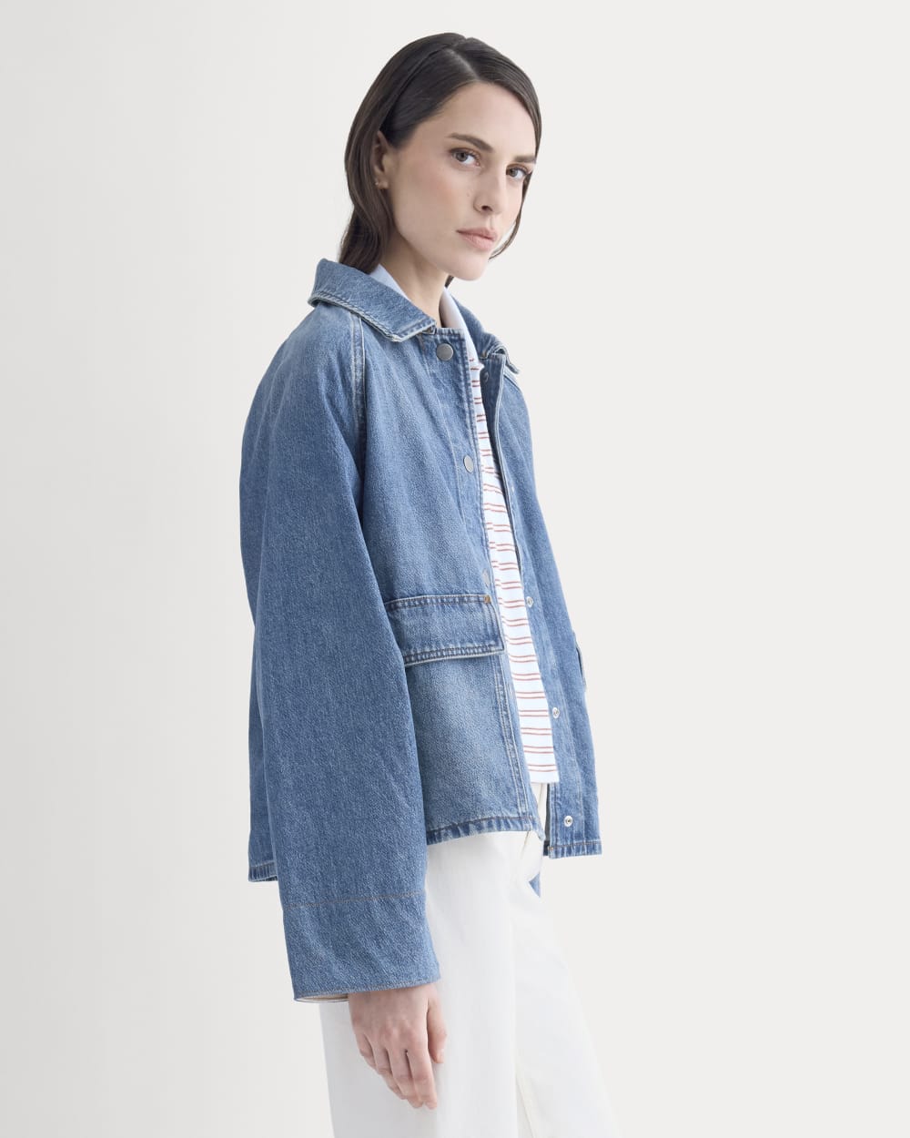Cropped Denim Jacket in Medium Indigo — detail view