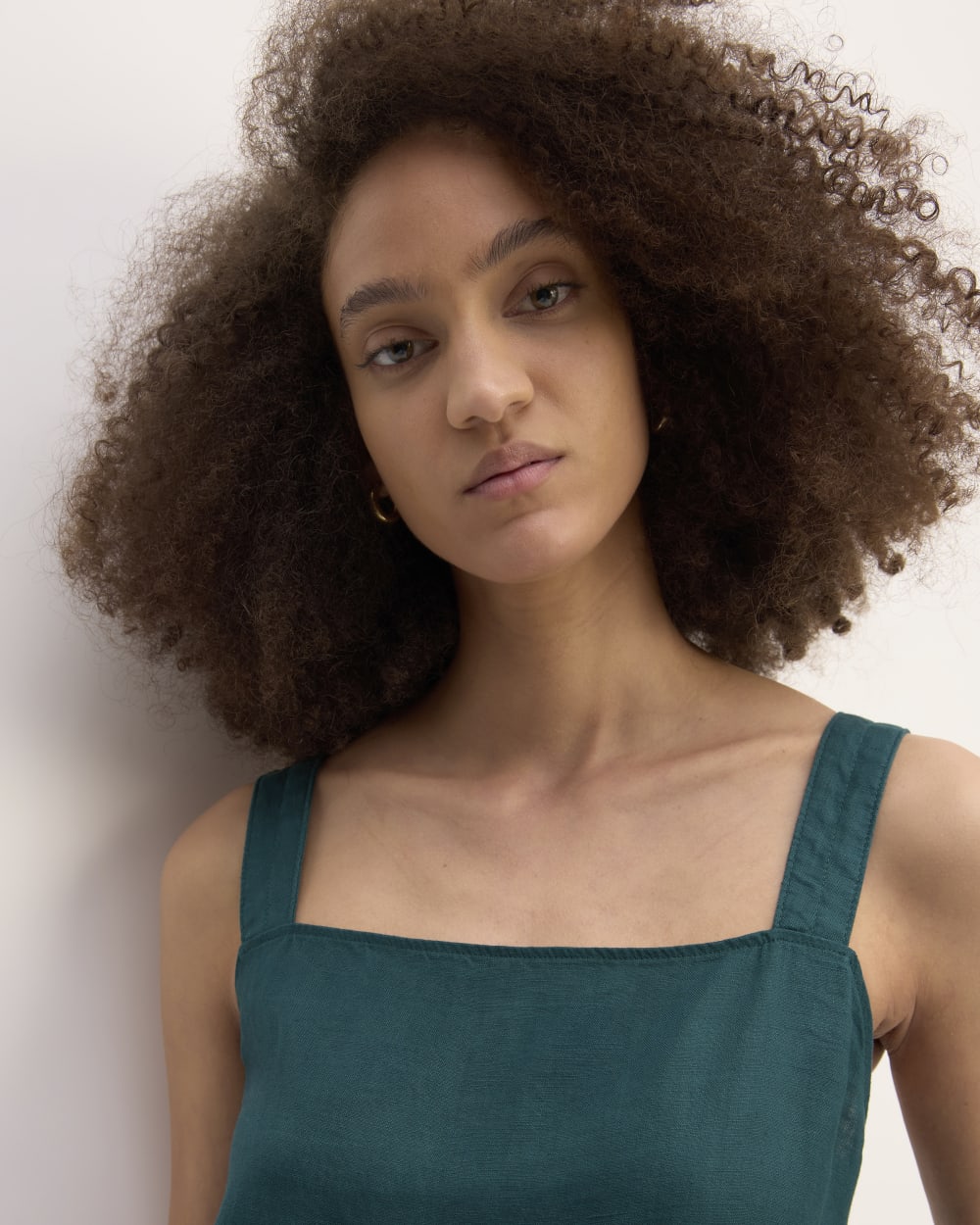 The Linen Side-Button Jumpsuit in Dark Sea — detail view