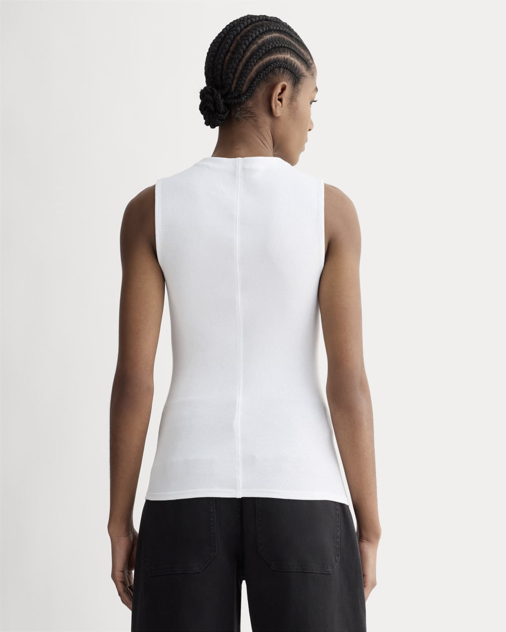 The Luxe Rib Funnel-Neck Tank in White — detail view