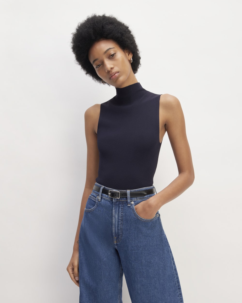 The Viscose Mock Neck Top in Navy — front view