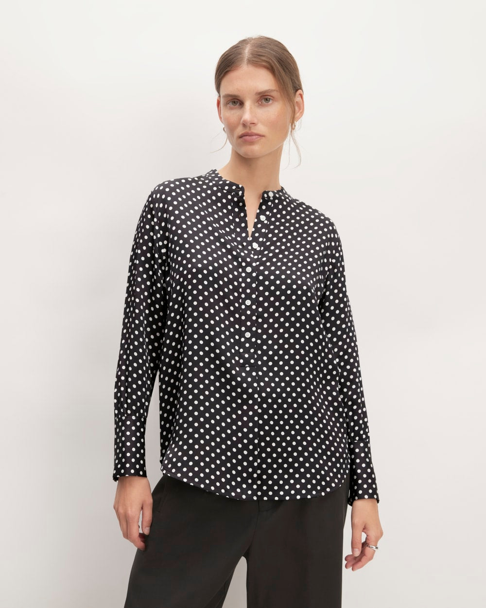 The Hammered Satin Popover Shirt in Black / Bone Polka Dot — front view