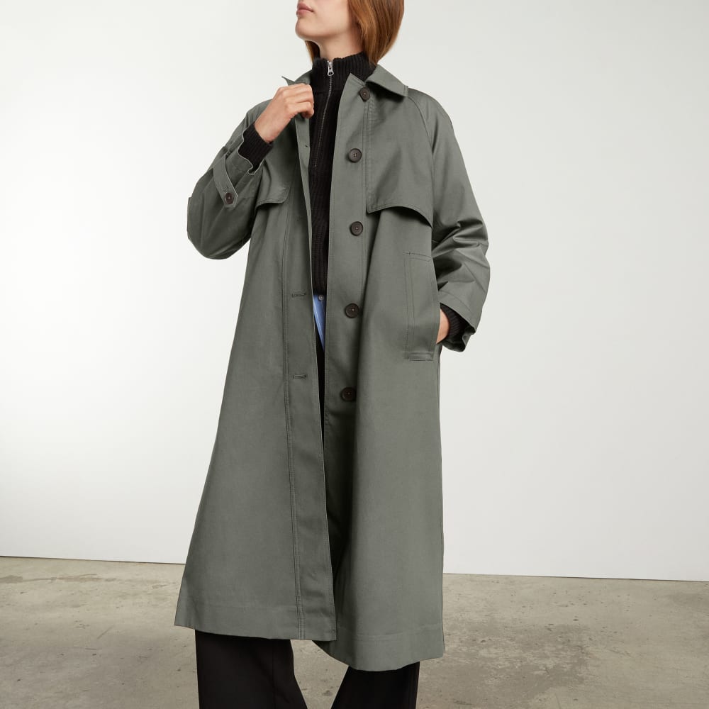 The Long Mac Coat in Pewter Green — front view
