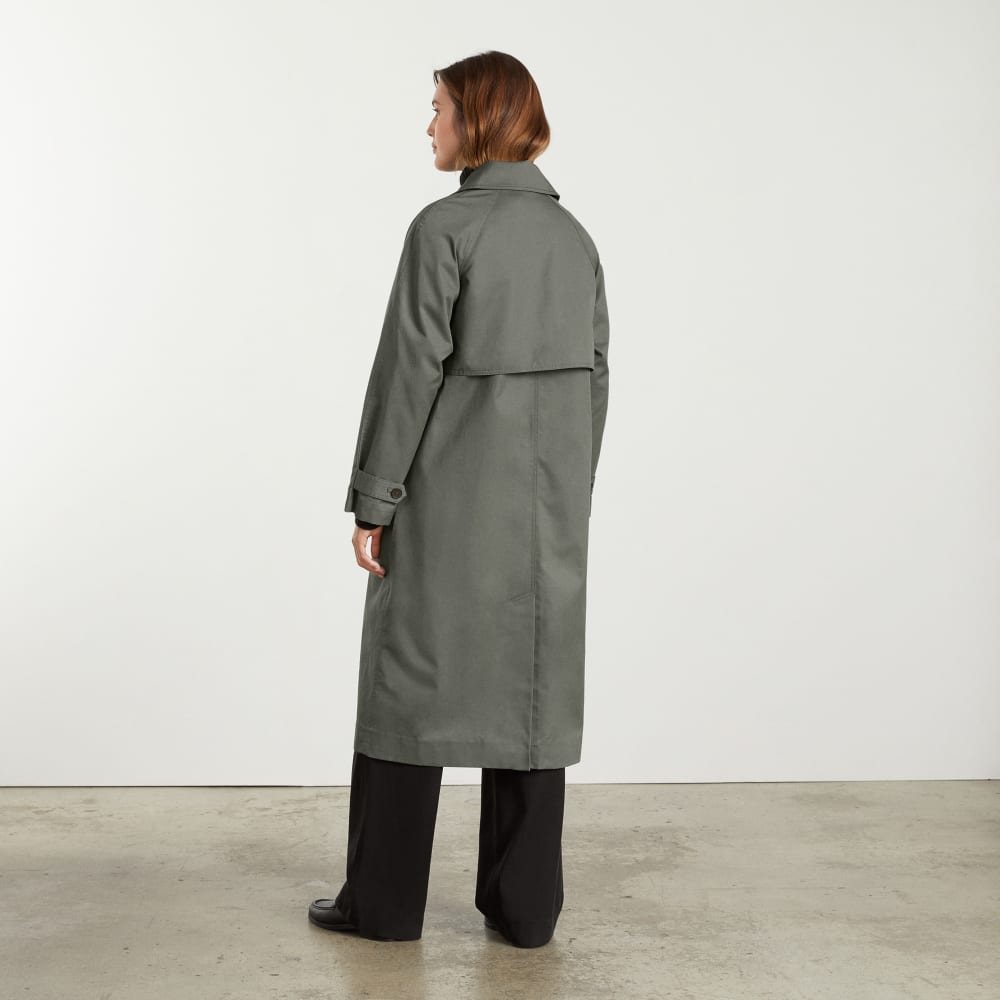 The Long Mac Coat in Pewter Green — detail view