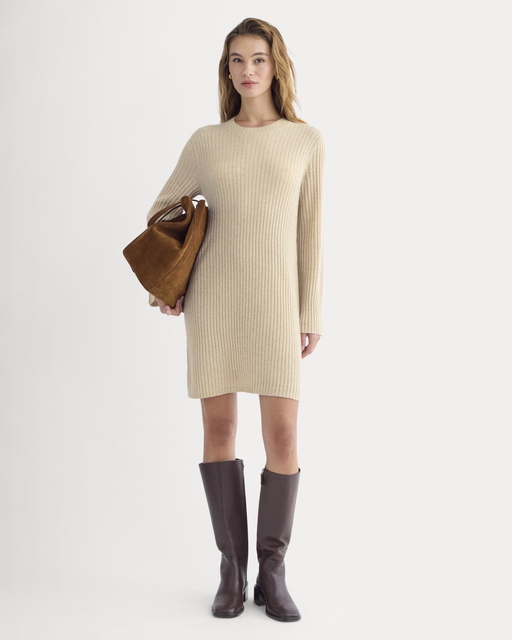 Cashmere Long-Sleeve Mini Dress in Heather Light Camel — front view