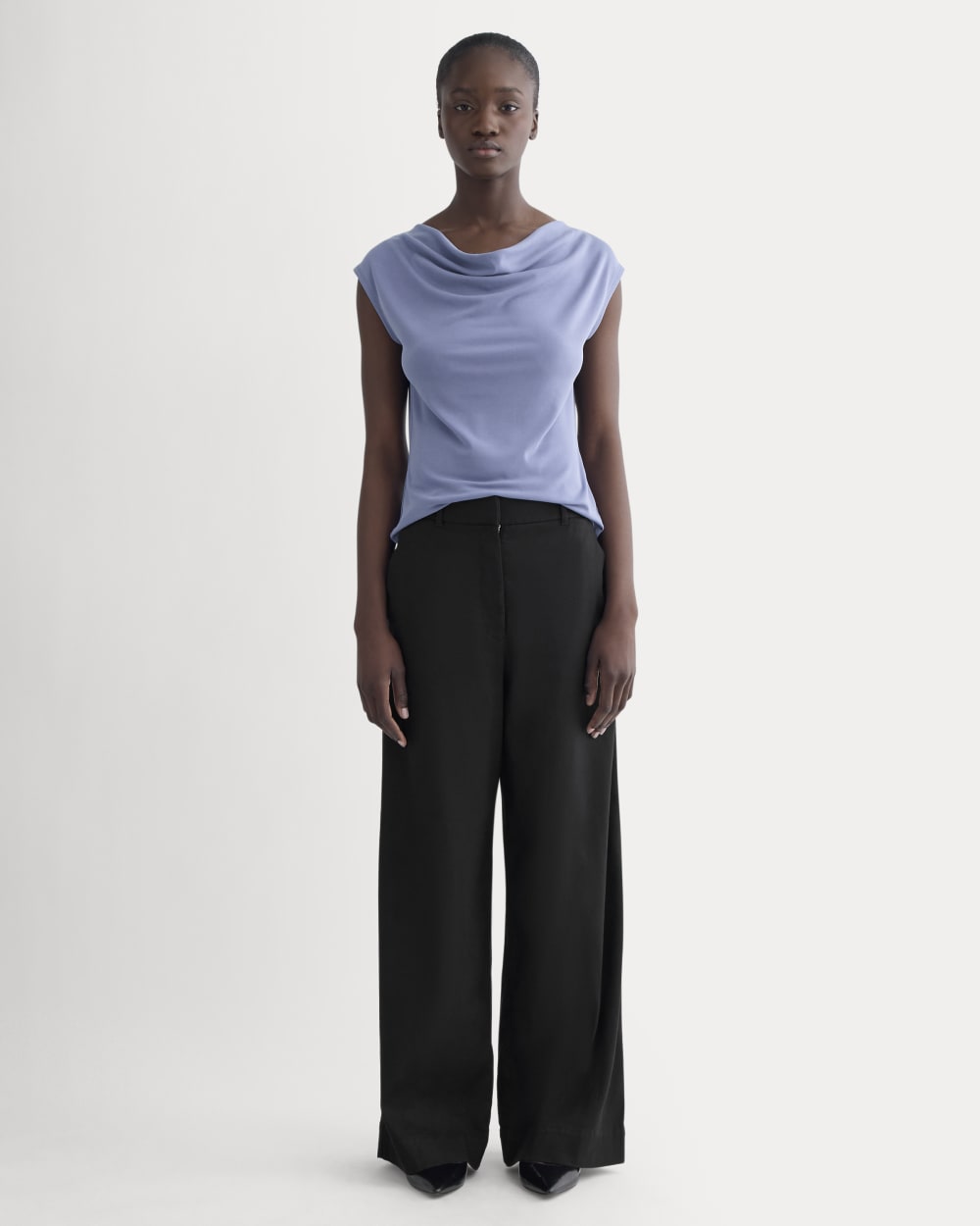 The Draped Top in Butterknit in Blue Dusk — detail view