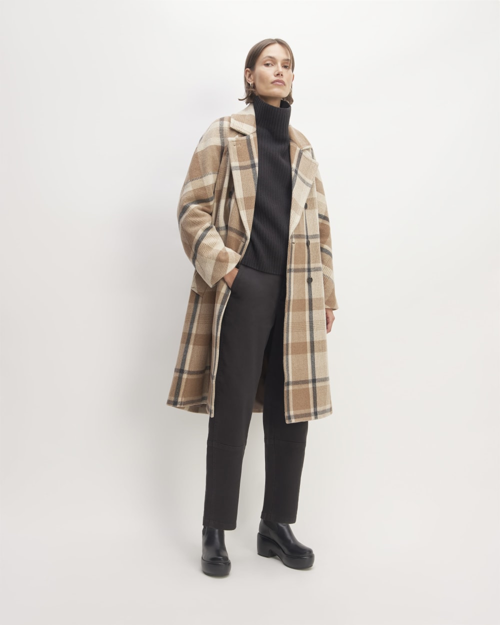 The Italian ReWool® Long Peacoat in Heathered Charcoal / Cornstalk / Toasted Coconut / Biscotti — front view