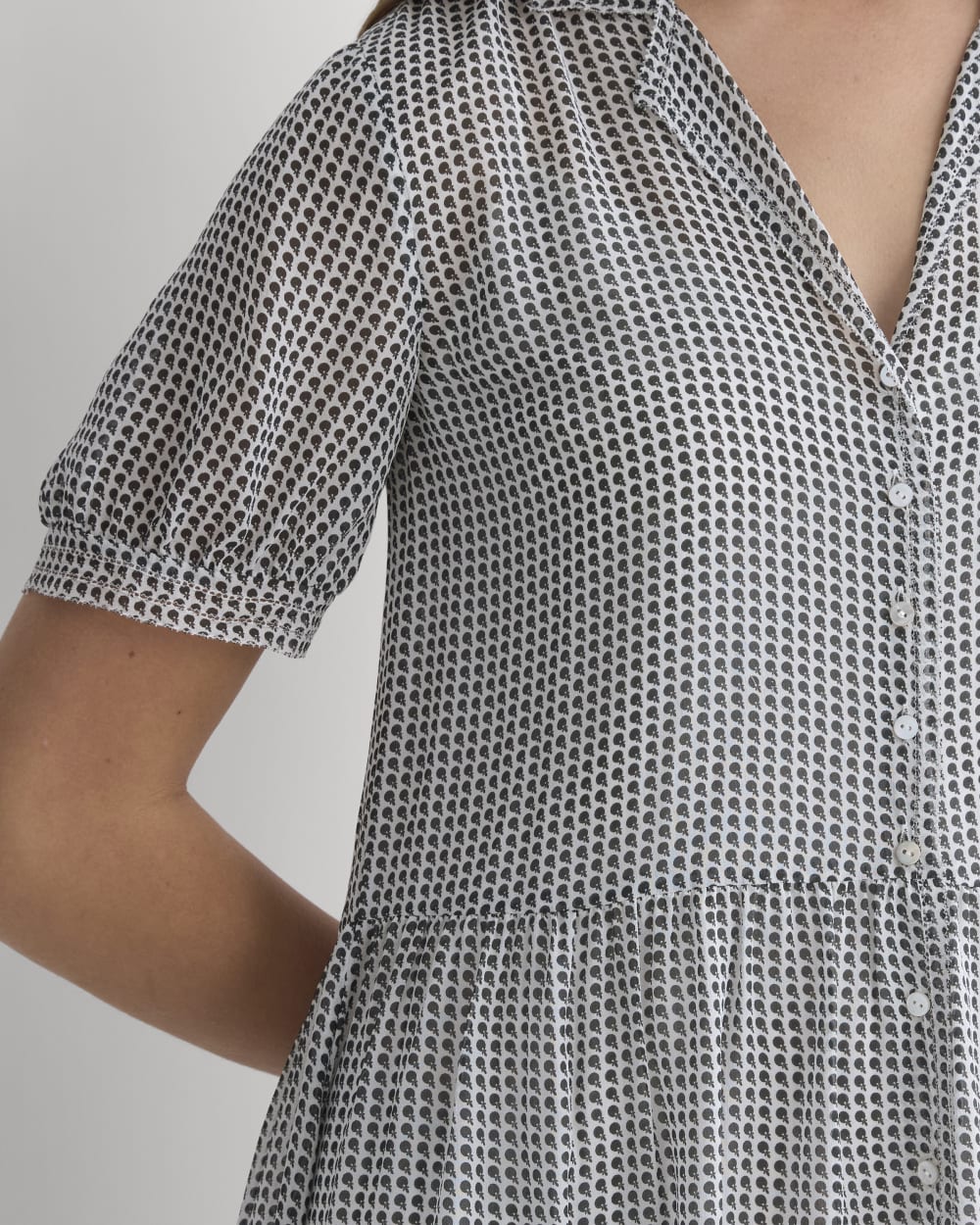 Notch Collar Shirtdress in Silk Georgette in Gardenia/Black Micro Dot — detail view