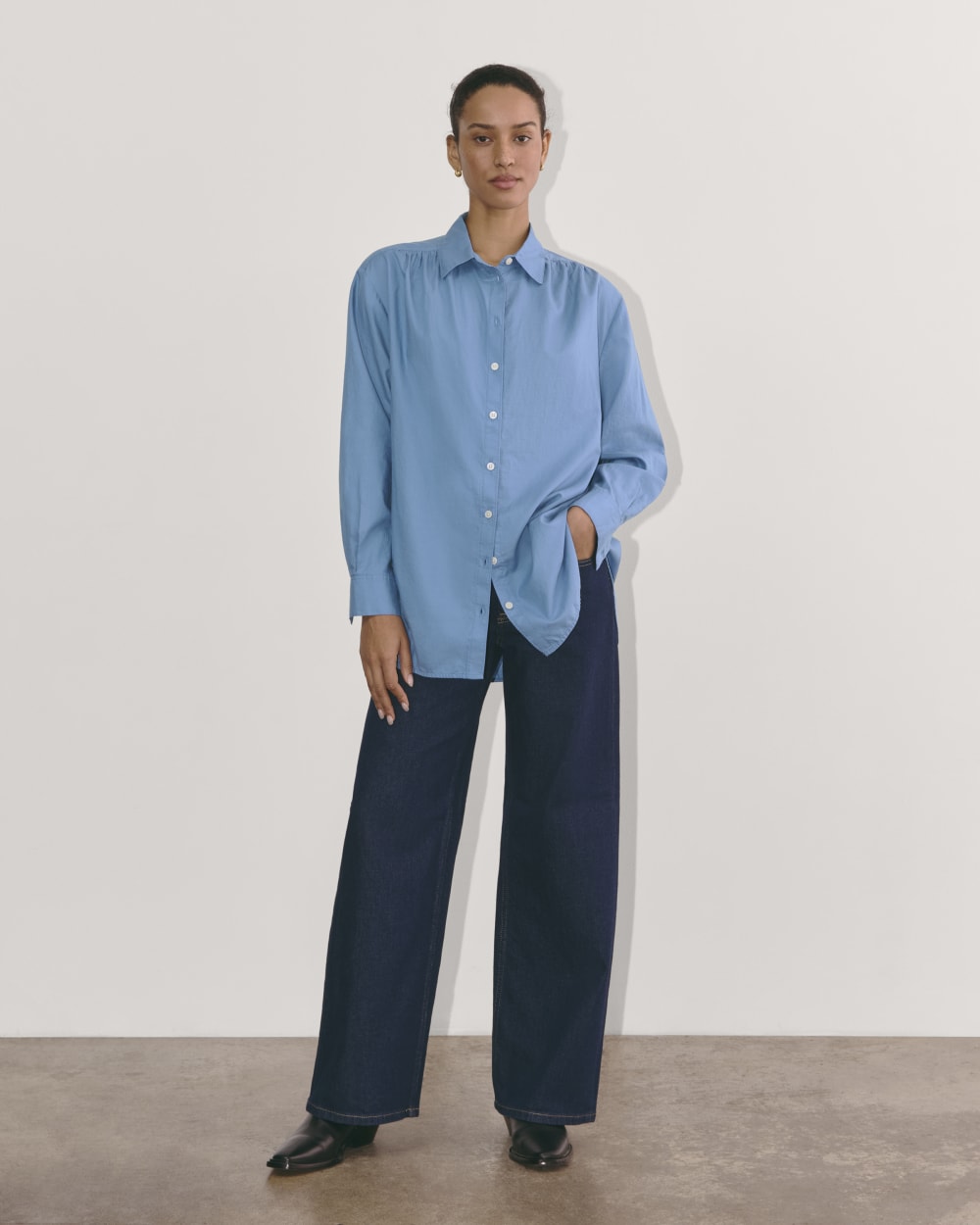 The Gathered Shirt in Silky Cotton in Bluebell — detail view