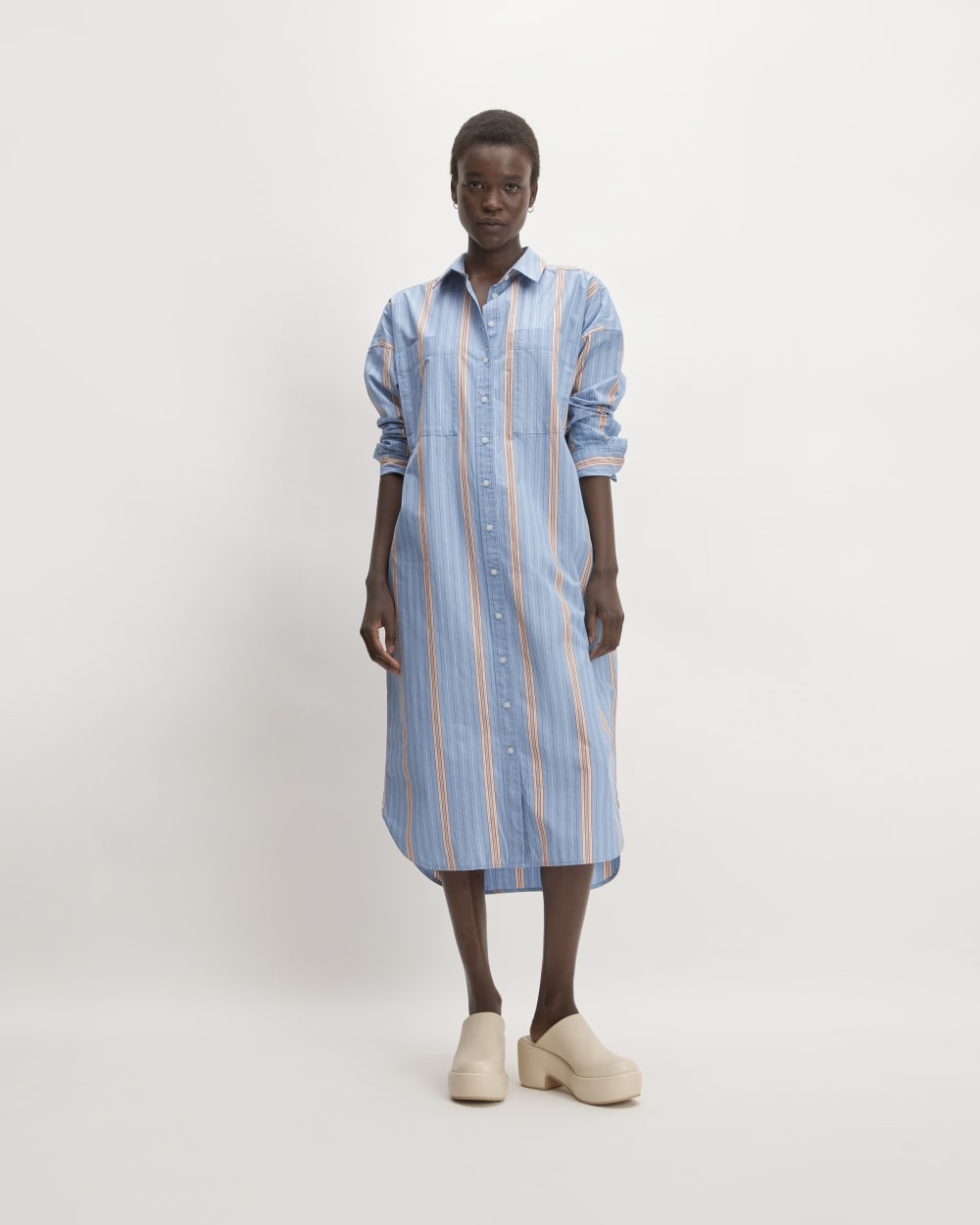 The Midi Cotton Shirt Dress in Parisian Blue / Black / Rusted Red / Bone — front view
