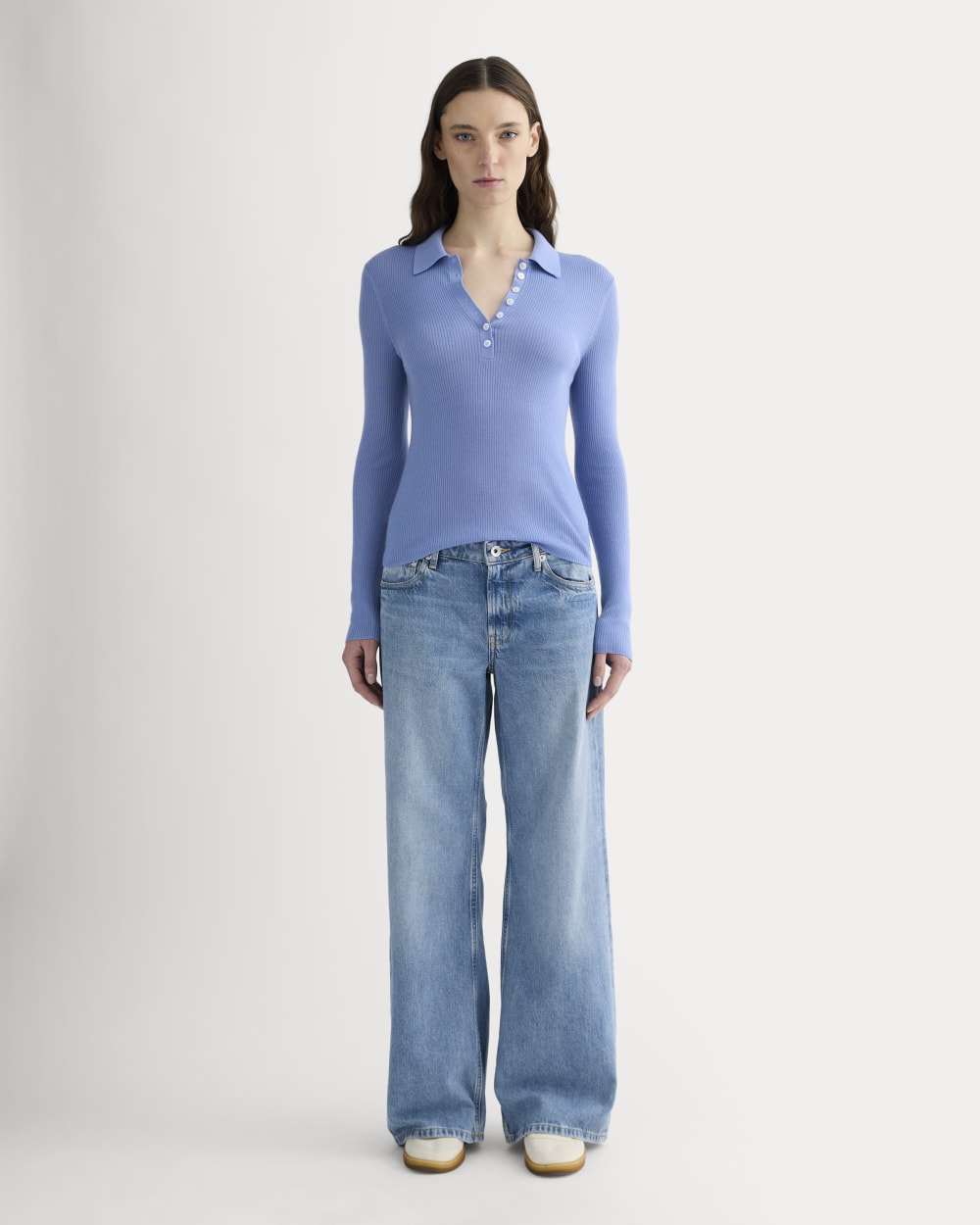 The Polo in Ultrasoft Merino in Bluebell — detail view