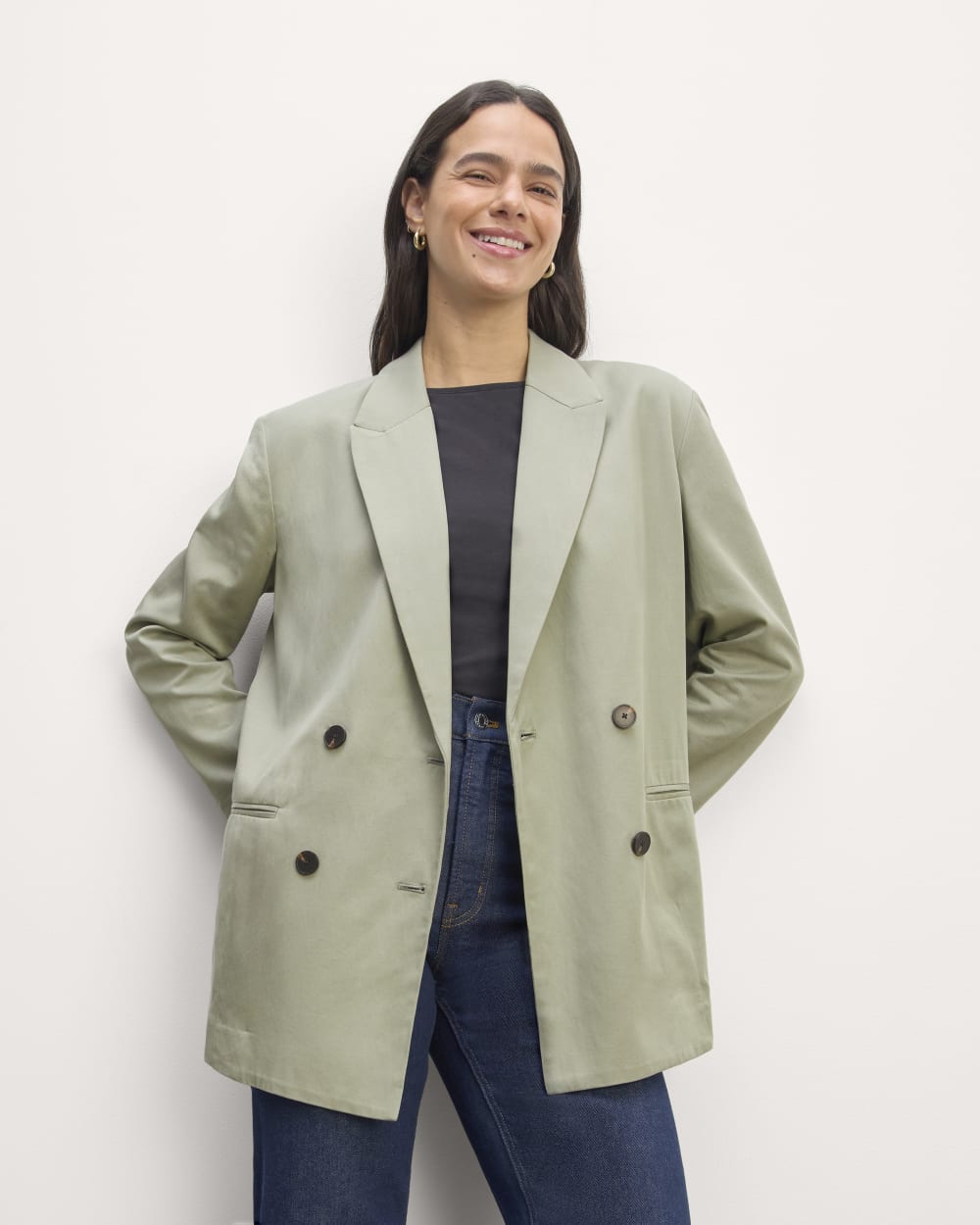 The Double-Breasted Blazer in Buttersmooth in Seagrass — front view