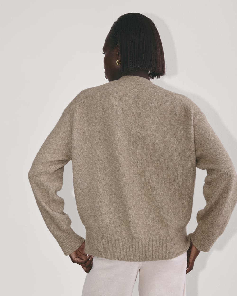 The Cocoon Cardigan in Plush Cotton in Heather Taupe — detail view