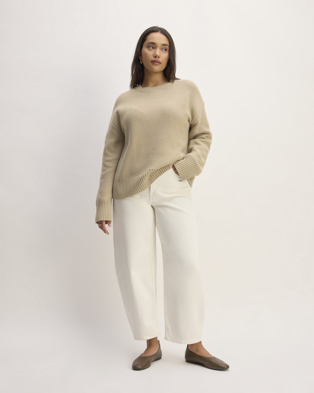 The Cotton Honeycomb Square Crew in Trench Coat Khaki — detail view