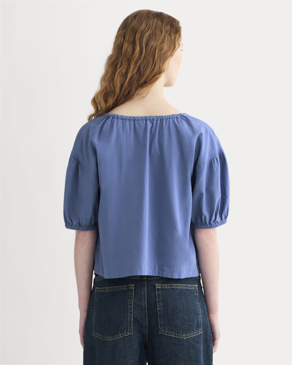 The Gauze Button-Up in Soft Cobalt — detail view