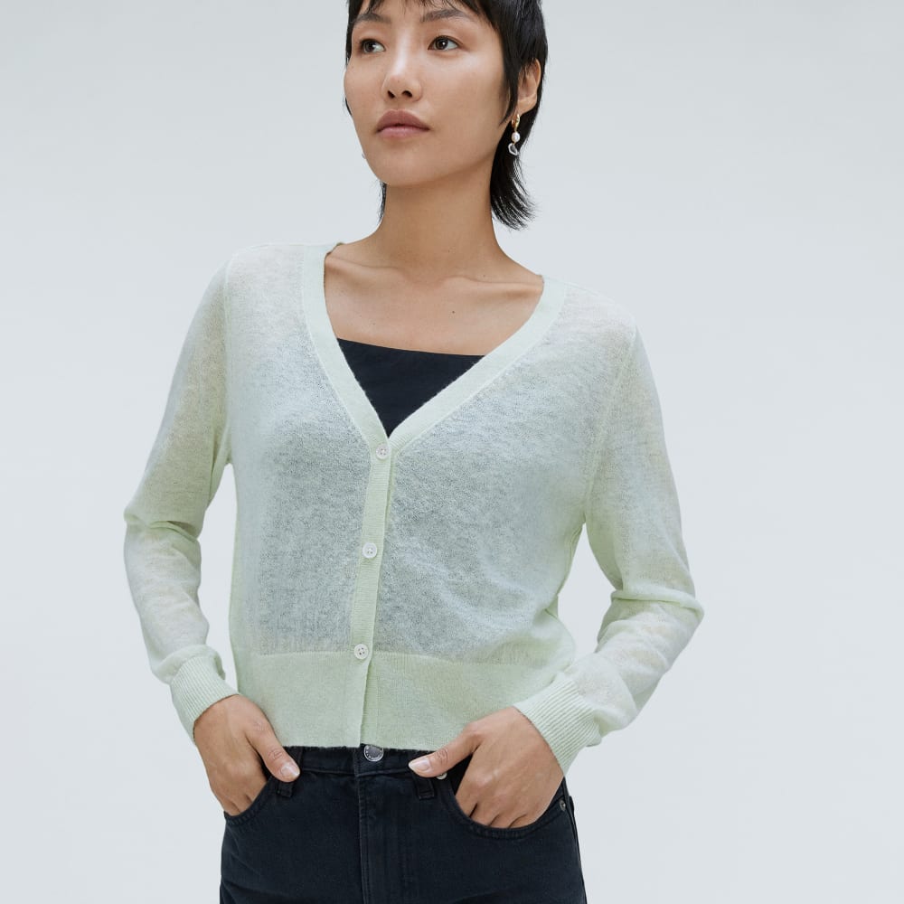 The Featherweight Alpaca Cardigan in Seafoam Green — detail view