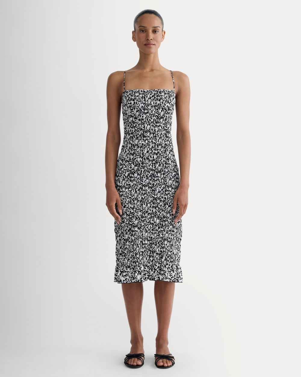 The Smocked Column Dress in Bone / Black Floral — front view
