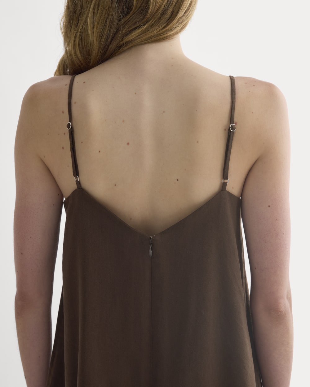 Mini Shift Dress in Stretch Linen in Dark Brown — detail view