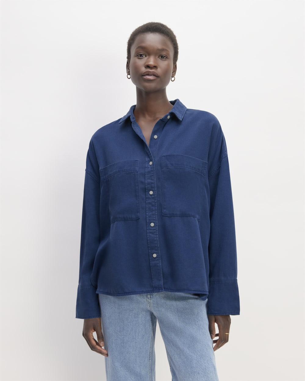 The Boxy Overshirt in Buttersoft in Bellwether Blue — front view