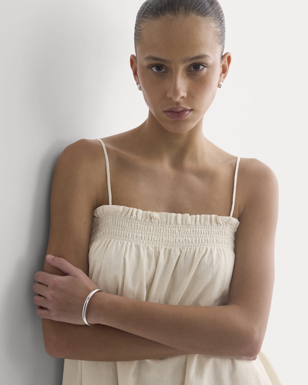 Gauze Smocked Dress in Birch — detail view