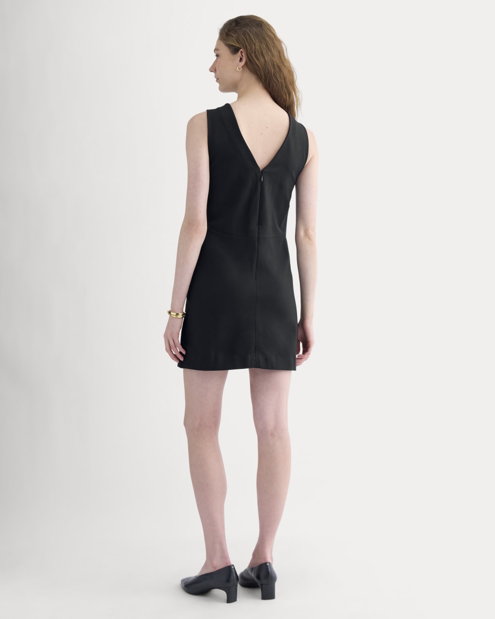 Ponte V-Neck Mini Dress in Black — detail view