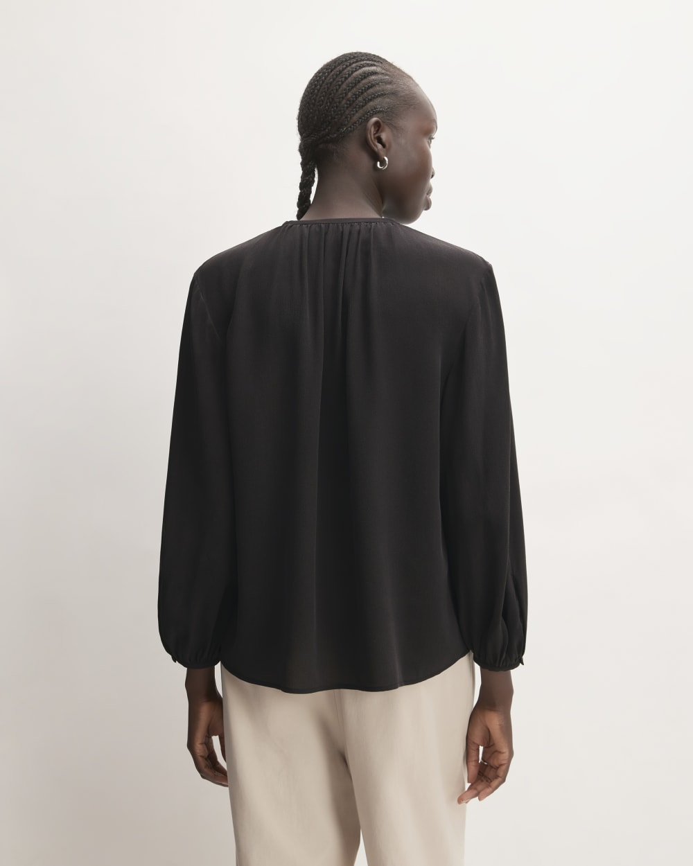 The Washable Clean Silk Shirred Blouse in Black — detail view