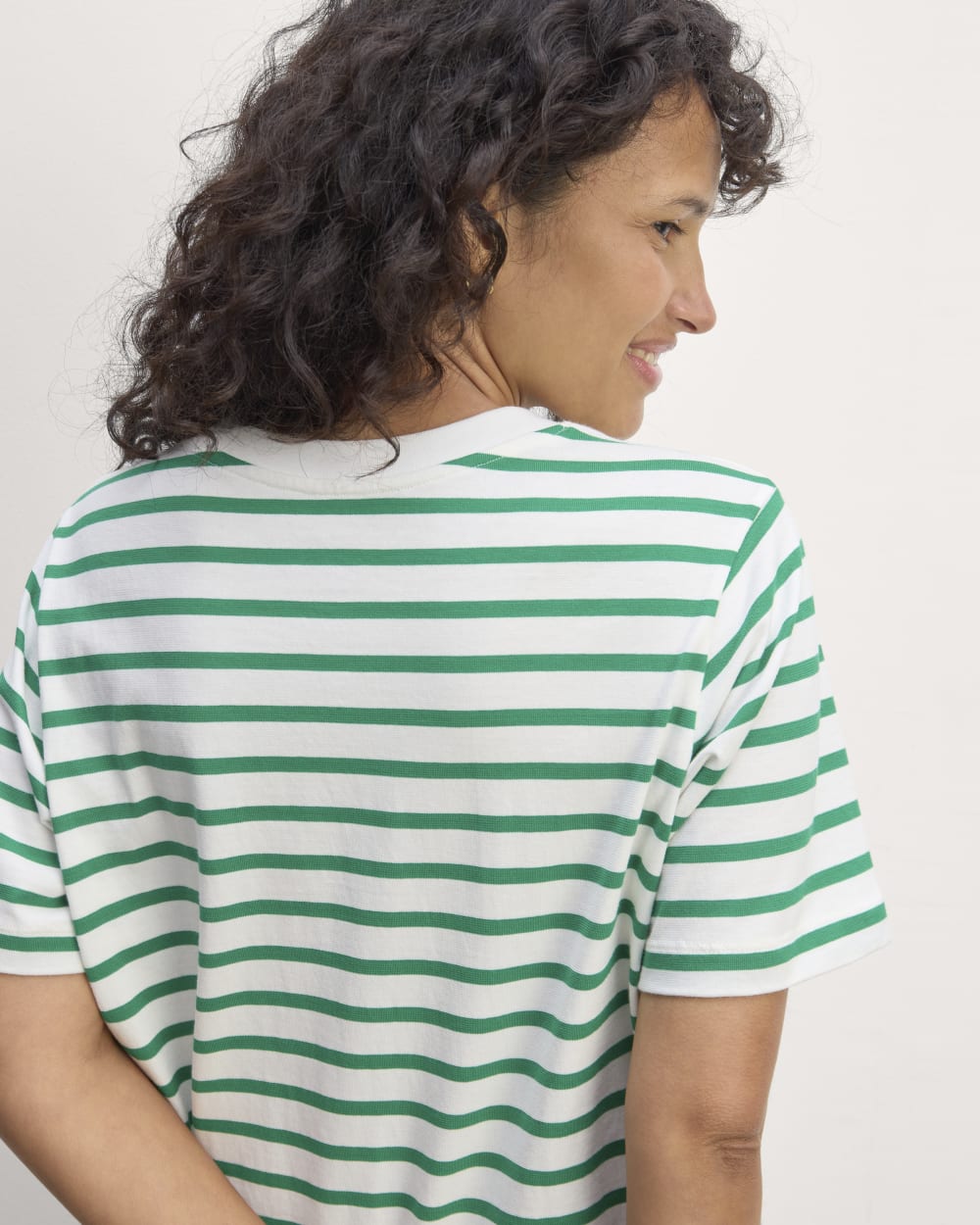 The Organic Cotton Weekend Tee Dress in Bone / Grass Green — detail view