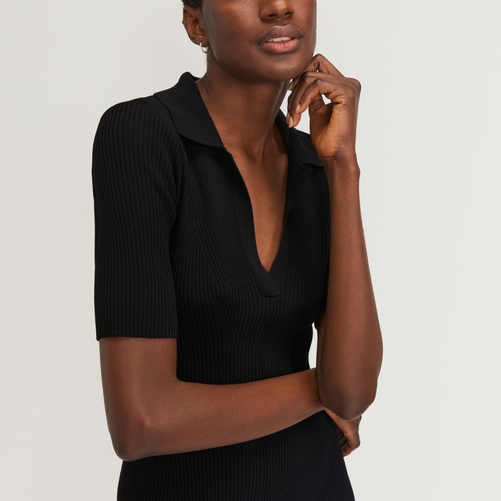 The Ribbed Short-Sleeve Polo Dress in Black — detail view
