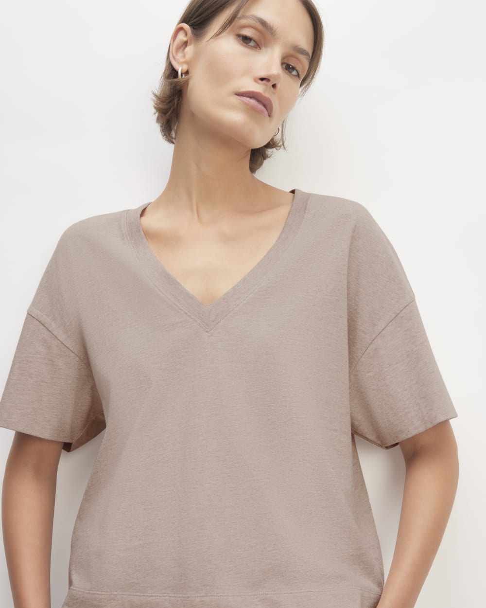 The Organic Cotton Slouchy V-Neck in Burnt Sugar — detail view