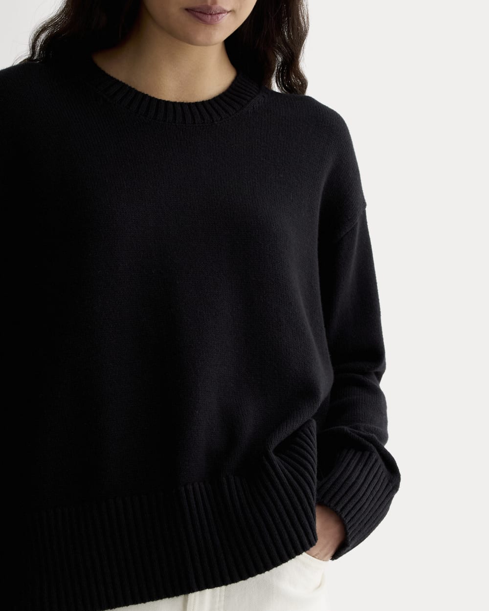 The Boxy Sweater in Everyday Cotton in Black — detail view