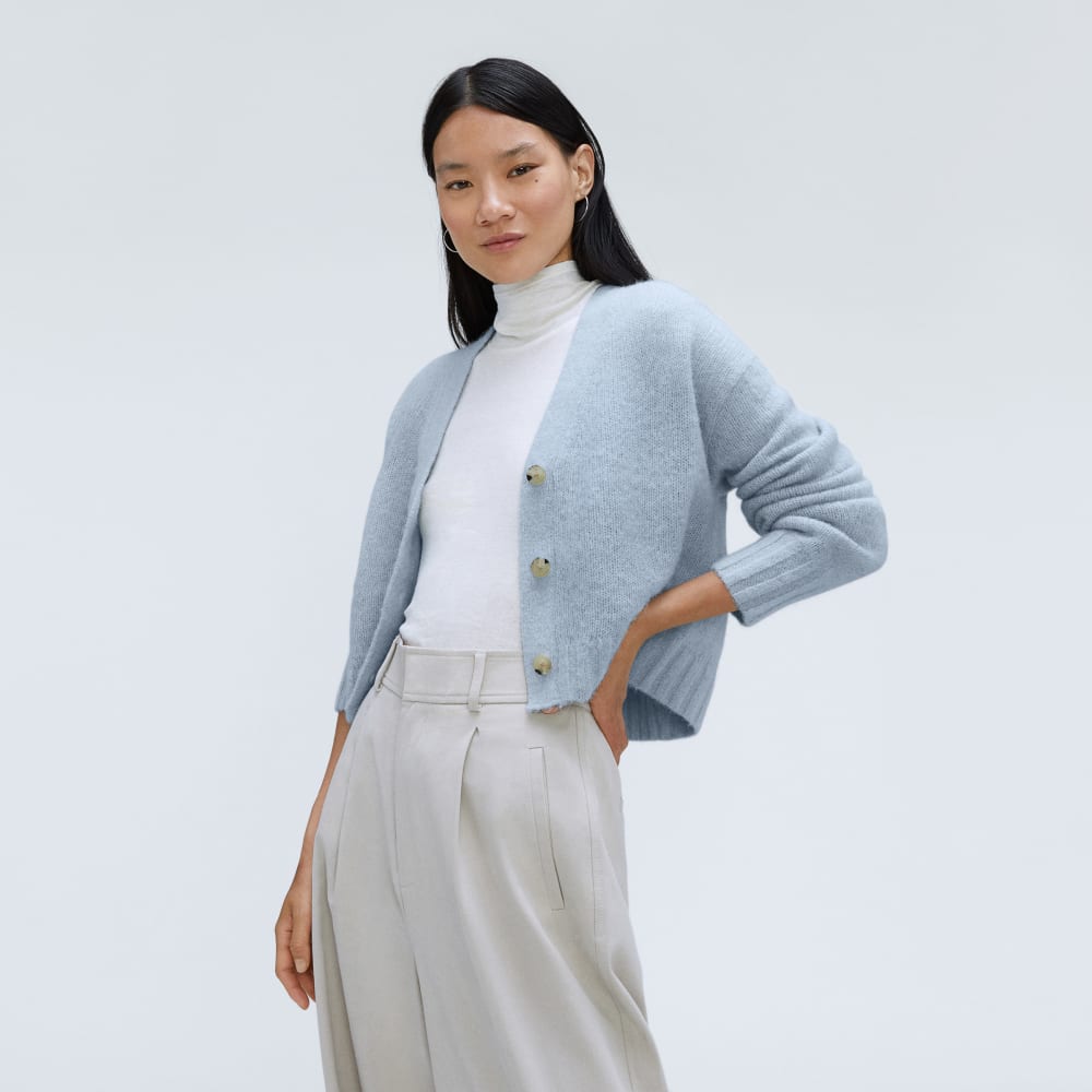 The Alpaca V-Neck Cropped Cardigan in Mist — front view