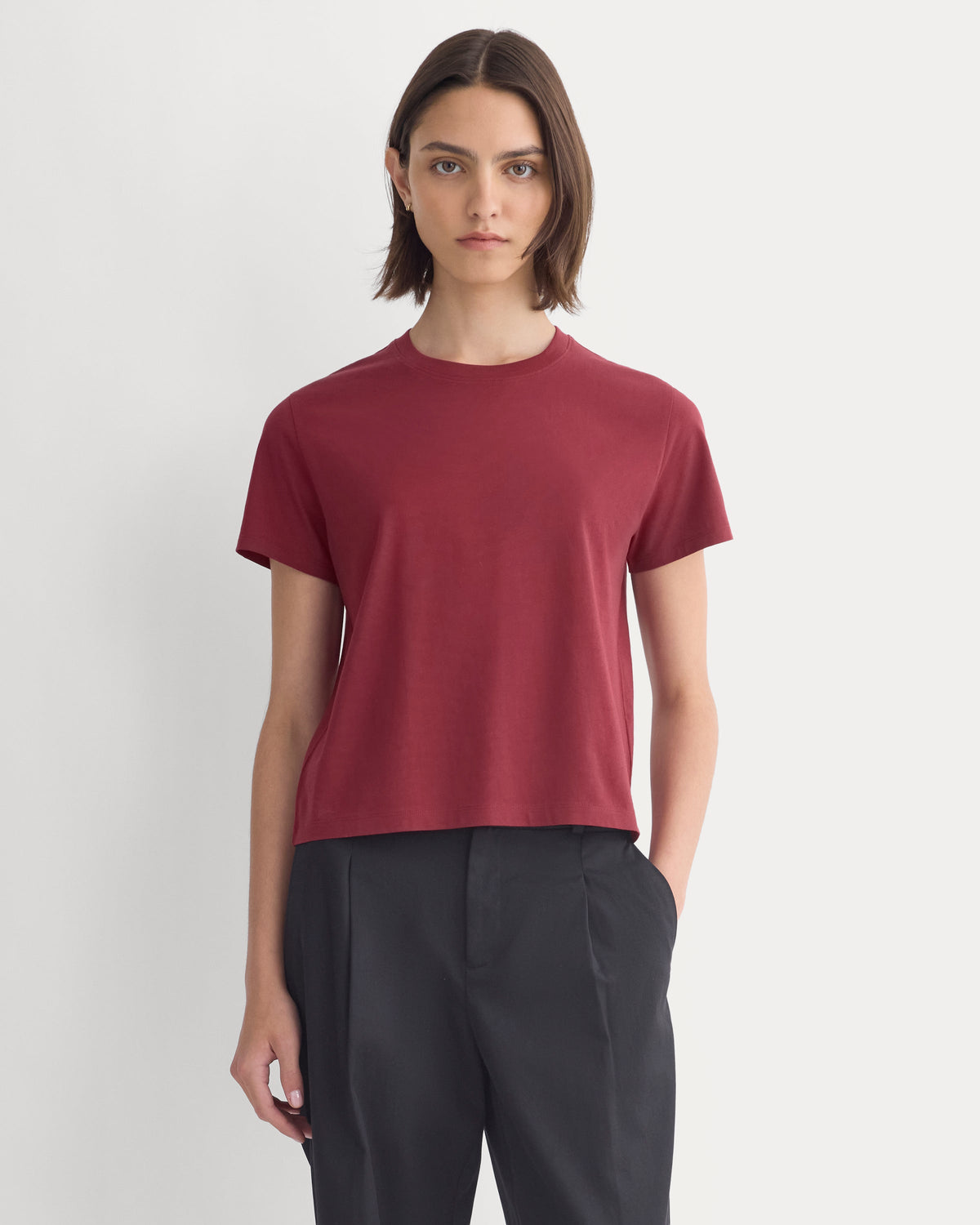 The Box-Cut Tee in Essential Cotton in Cabernet — front view
