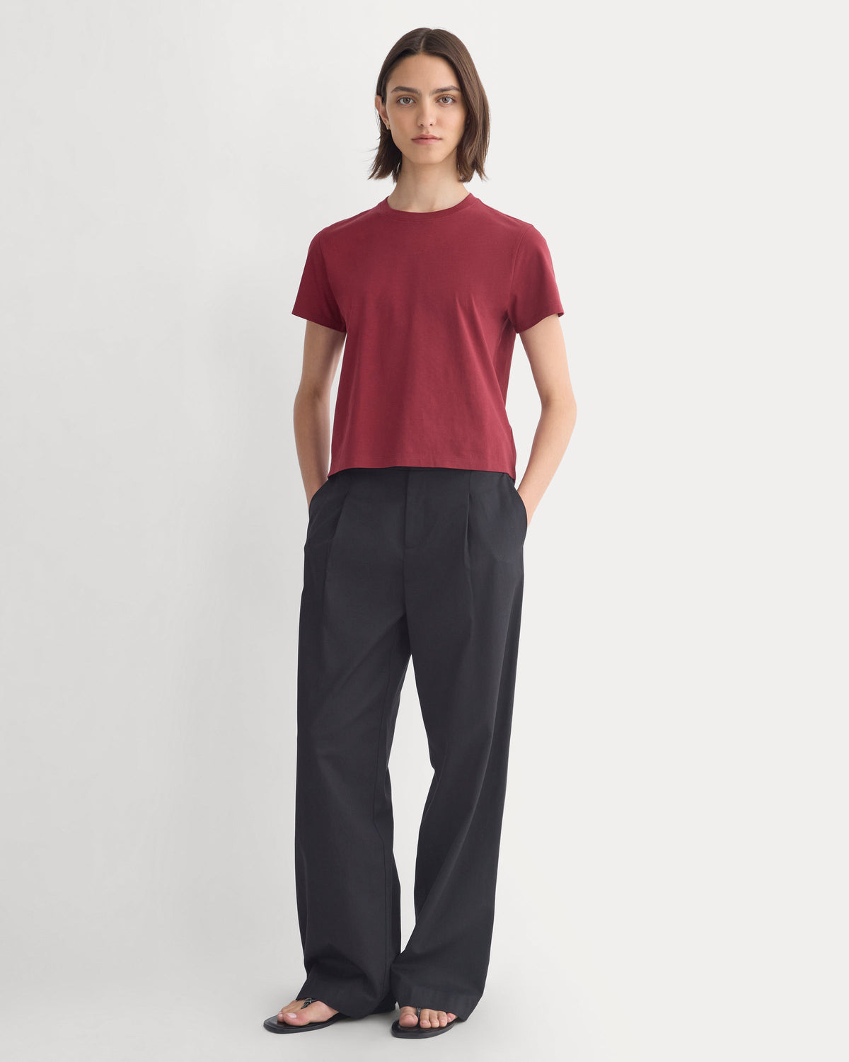 The Box-Cut Tee in Essential Cotton in Cabernet — detail view