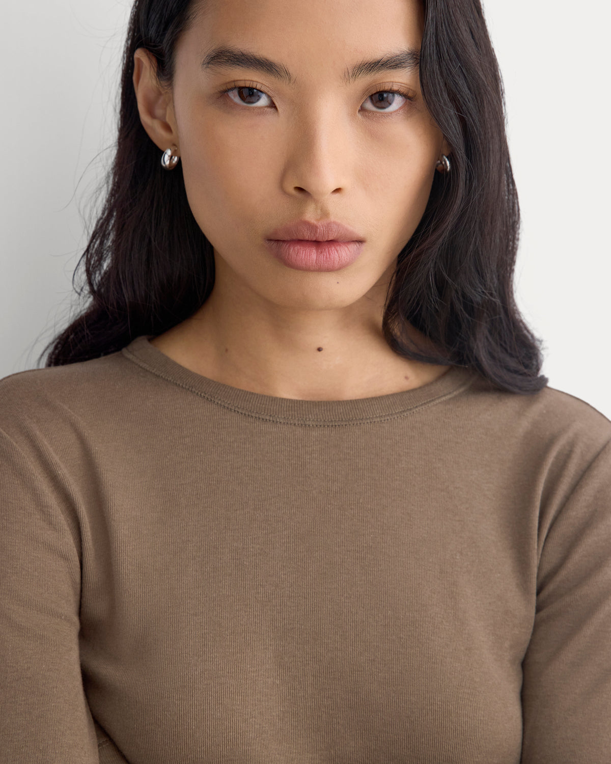Tissue Long-Sleeve Crew in Deep Taupe — detail view