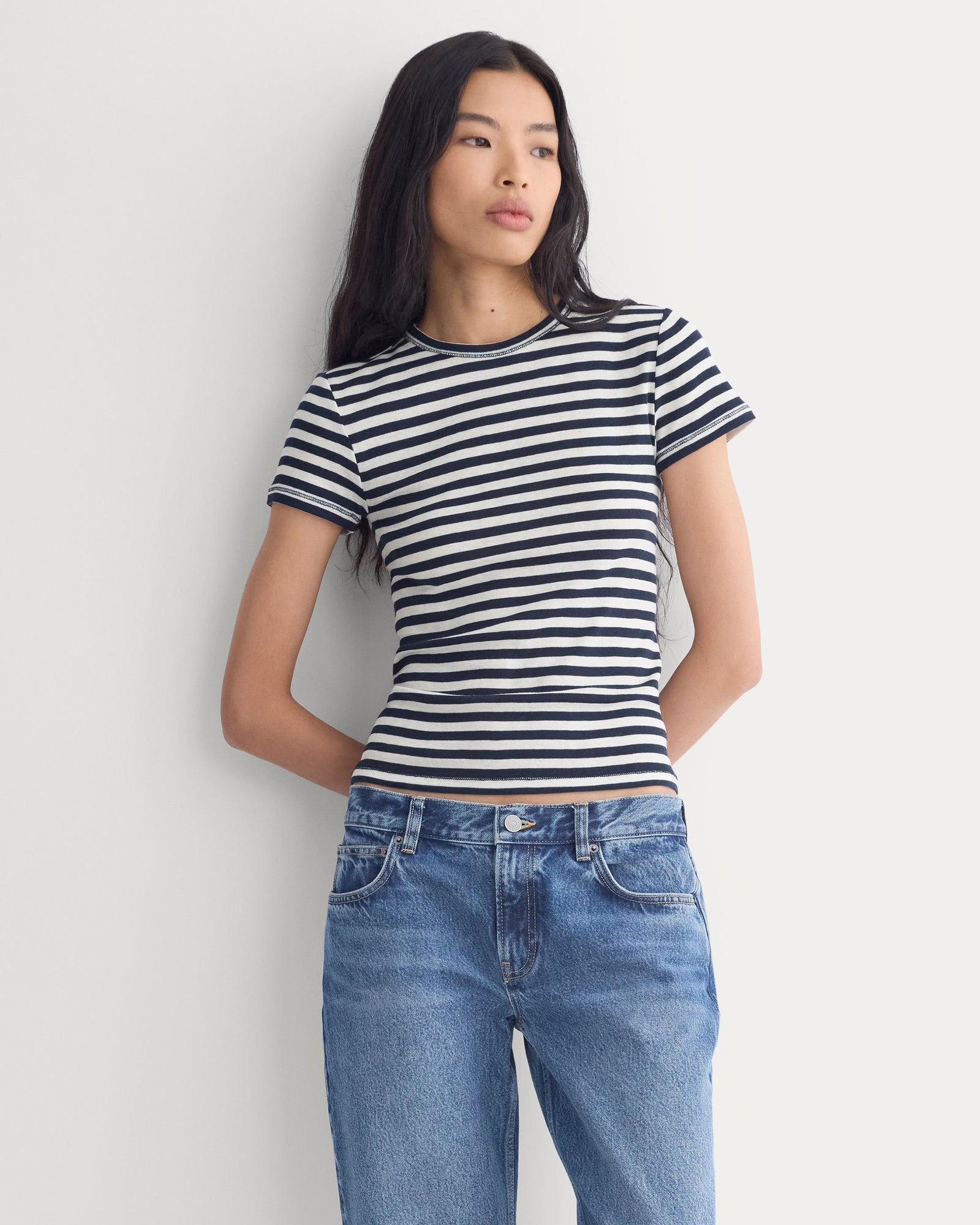 Tissue Short-Sleeve Crew in Bone / Navy — front view