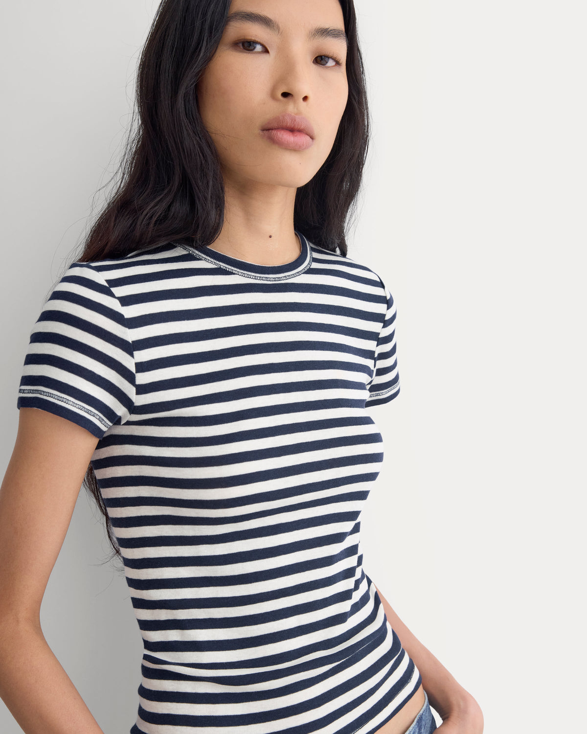 Tissue Short-Sleeve Crew in Bone / Navy — detail view